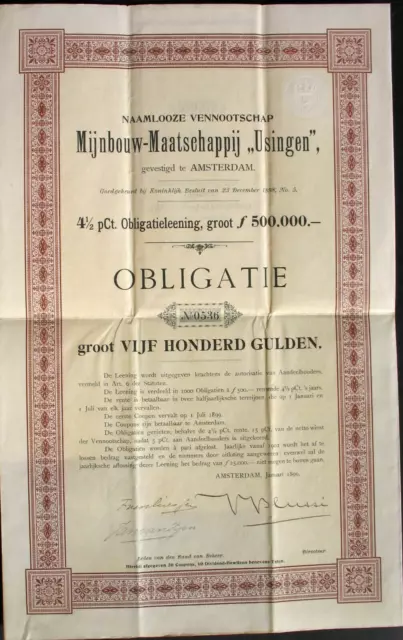 Mijnbouw Maatschappij Usingen Bergbau Anleihe Amsterdam 1899 Niederlande Weiltal