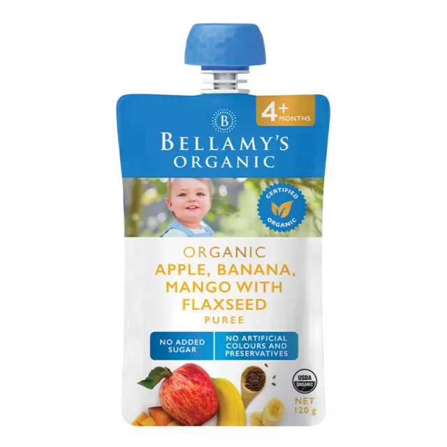 Bellamys Organic Apple Banana Mango With Flaxseed Puree 4+ Months 120g