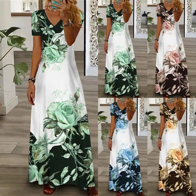 Womens Boho Floral Maxi Dress Summer Beach Holiday Short Sleeve V Neck Sundress