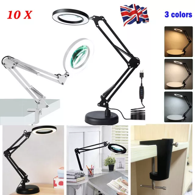 10X Magnifier Glass LED Desk Lamp With Light Stand Clamp Beauty Magnifying Lamp