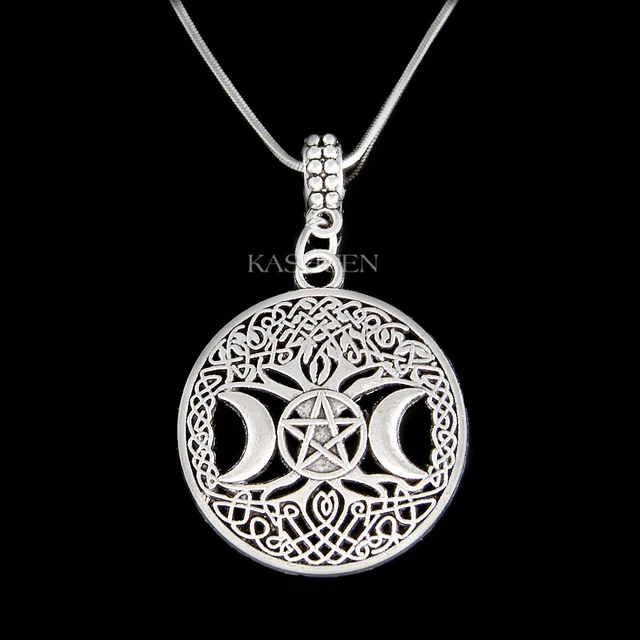 Collier Pendentif Triple Lune Déesse Arbre De Vie Pentagramme Wiccan - Bijou Symbolique