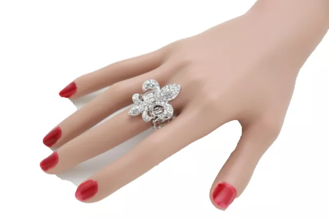 Women Silver Metal Ring Fashion Jewelry Fleur De Lis Lily Flower Elastic Band