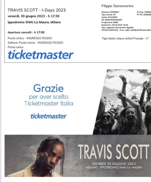 Biglietto concerto Travis scott ingresso rosso- Ippodromo snai milano 30/06/2023