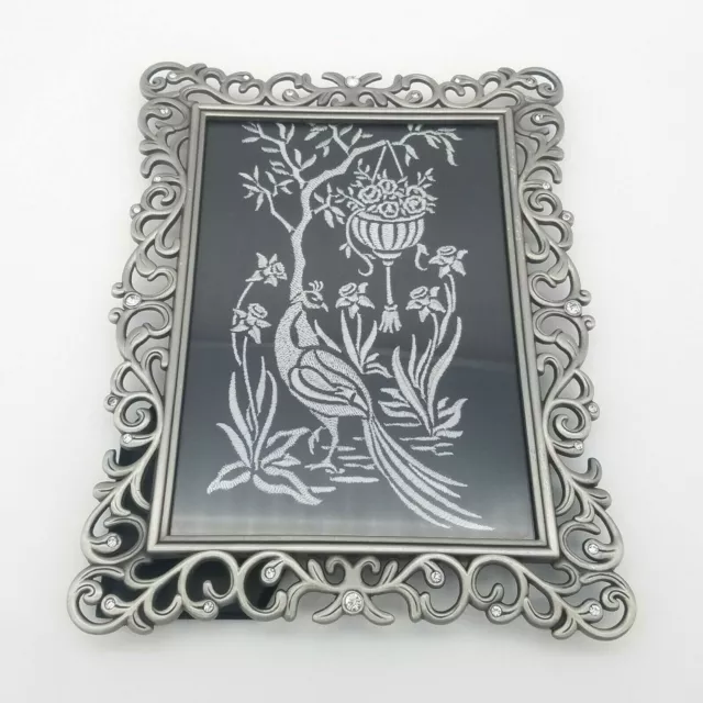 Frame with Embroidered Scene Peacock Birds Flowers Silvertone 3