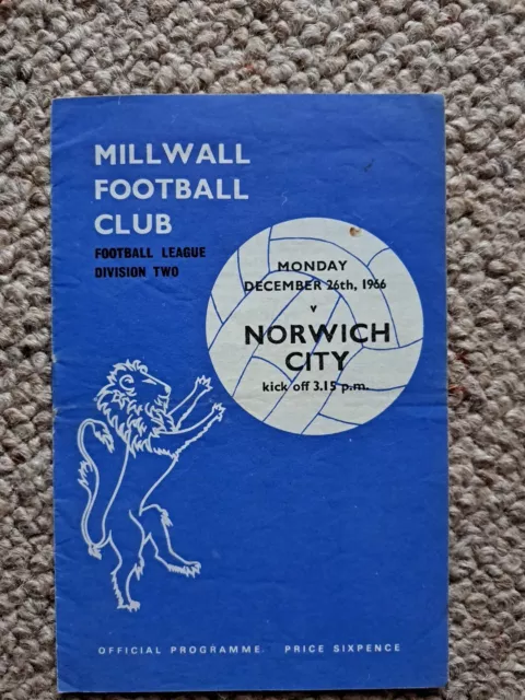 Mon 26th Dec, 1966,  Div 2, Millwall v Norwich,Original Programme.