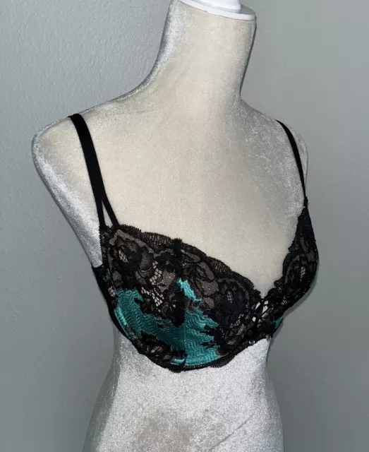 Victoria's Secret Vtg 90s Unlined Demi Satin Lace Underwire Bra Green Black 36D