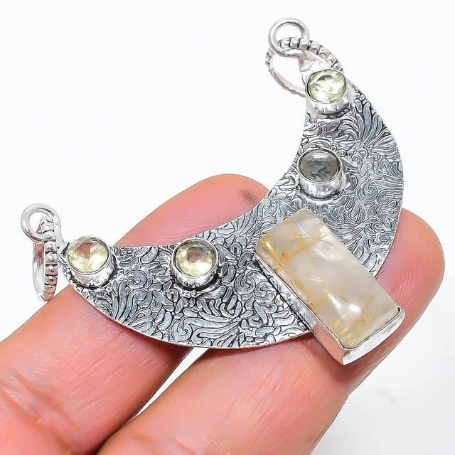 Golden Rutil, Citrin Edelstein 925 Sterlingsilber Schmuck Anhänger 2,17" J945