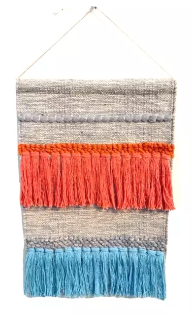 Cotton Boho Macrame Wall Hanging with Coral and Blue Fringe 14" x 28"
