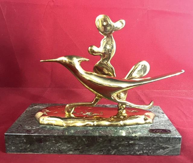 Vintage Brian Bijon Brass Roadrunner Cactus On Green Marble Base