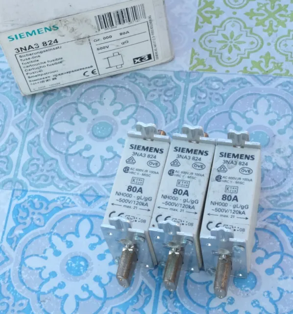 3X Siemens 3NA3824 fusible 80A taille 000 gG 500V Lot de 3