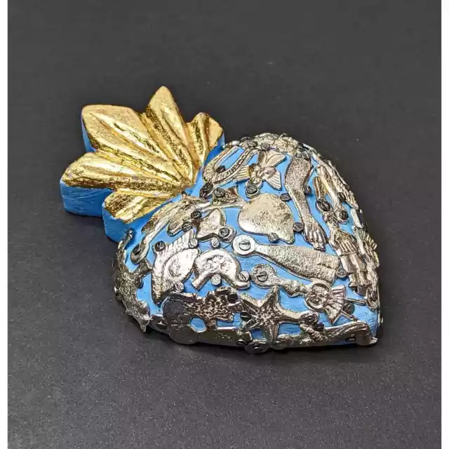 Mexican Sacred Heart 2.75X 4" Carved Sky BLUE Silver & Gold MILAGRO Folk Art