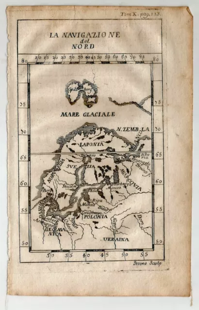 La Navigazione Del Nord 1740  Incisione Stampa Antica Originale Gravure Vintage