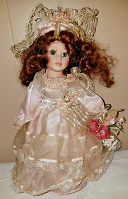 Porcelain 13" Brunette Doll Blue Eyes Pink Dress With Lace Bows Flowers Beads
