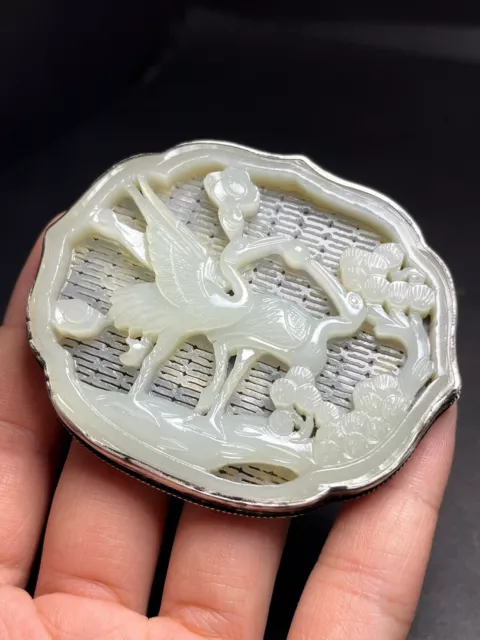 Chinese Exquisite Handmade Silver Inlaid Hetian Jade Pine Crane Belt Buckle