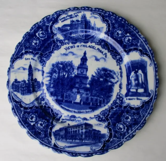British Anchor Pottery blue & white transfer plate Views of Philadelphia 1900