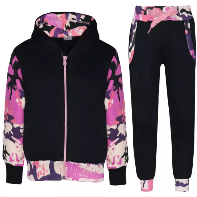 Kids Boys Girls Tracksuit Zipped Camo Fleece Hooded Top & Bottom Jogger 2-13 Yrs