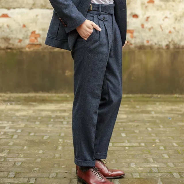 Hommes Laine Mélange à Chevrons Pantalon Vintage Tweed Droit Jambe Robe Pantalon 3