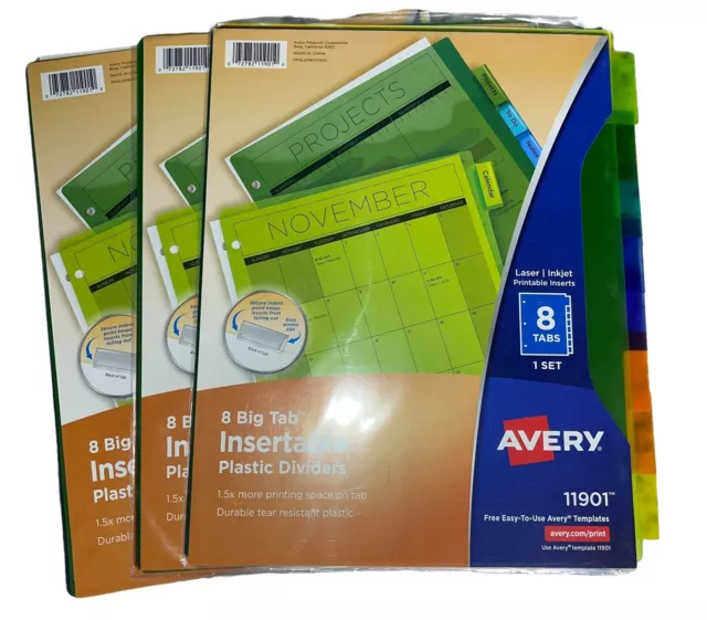 Lot of 3 Avery Dennison Ave-11901 Big Tab Plastic Insertable Dividers - 8 Tabs