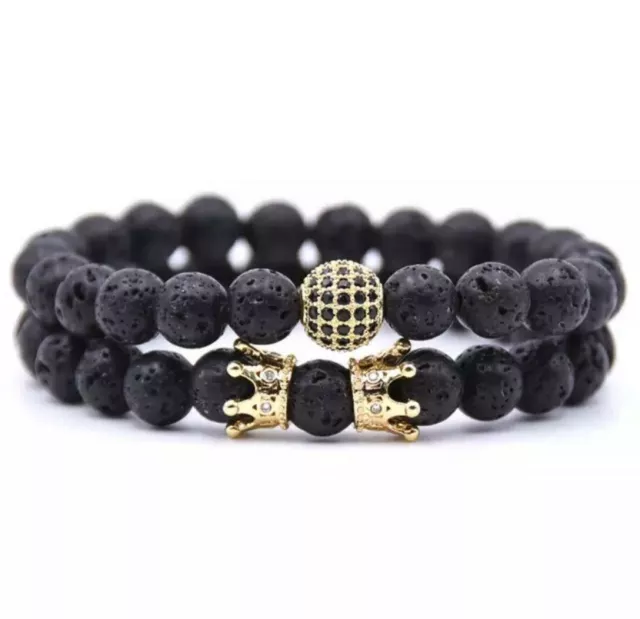 2X Armband Männer Frauen Bracelet Perlenarmband Buddha schwarz Gold 8mm Geschenk