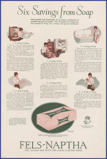 Vintage 1922 FELS-NAPTHA Laundry Soap Washing Clothes Ephemera 1920's Print Ad