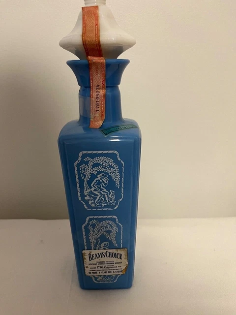 Jim Beam Choice Whiskey Decanter Bottle 1969 Cameo Blue Milk Glass Stopper Label