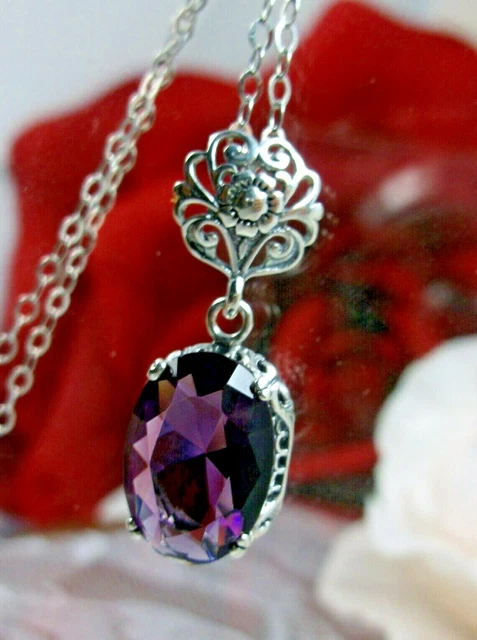 Amethyst CZ Sterling Filigree Drop Pendant Necklace (Custom-Made)* P70