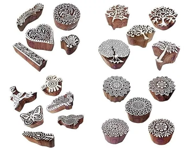 Arts Floral Leaf Design Wooden Art Printing Stamp For Hand Carved Set 3 assorted