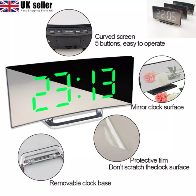 LED Electric Digital Alarm Clock Mains USB Mirror Temperature Time Snooze UK