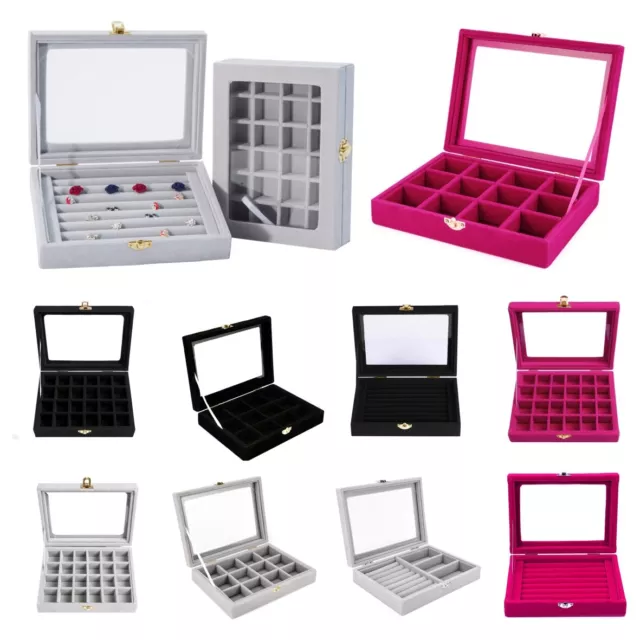 Velvet Glass Jewelry Ring Display Organizer Case Tray Holder Earring Storage Box