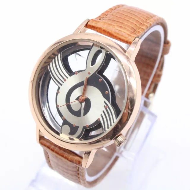 Musical Note Hollow Watch Mens Gold Tone Stainless Steel Brown Leather Band Rare