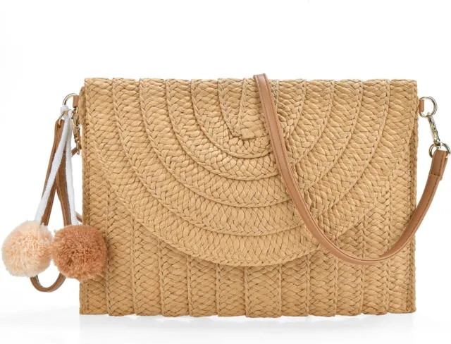 Raffia Woven Wicker Clutch Bag Straw Purse Girls Summer Beach Crossbody Handbags