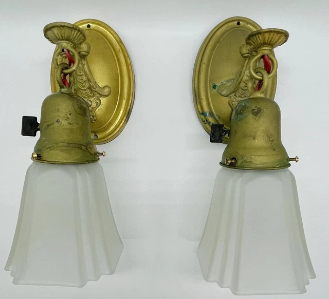 Wired Set Two Brass Antique Art Nouveau Gold Armed Wall Sconces Deco Satin Shade