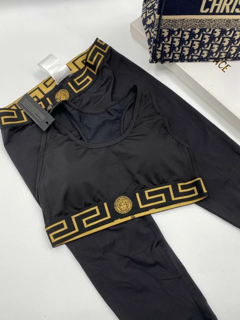 Set due pezi Leggins Donna Top Gym Palestra Pantaloni Neri Set Black V come foto