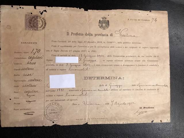Patente Conduzione Caldaie A Vapore E Locomobili  1902. Vicenza