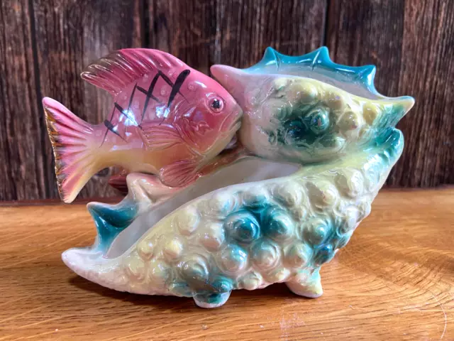 Vintage Kitsch  Mid Century Blue Lustreware Fish on Shell Posy Mantle Vase