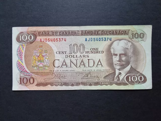 Canada Bank 100 Dollars 1975 Banknote AJF prefix Crow - Bouey $100 Bill QEII