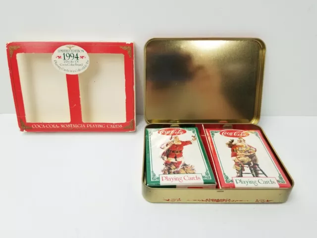 Vtg Coca-Cola Nostalgia Playing Cards 1994 2 Decks in Metal Tin Santa New Sealed