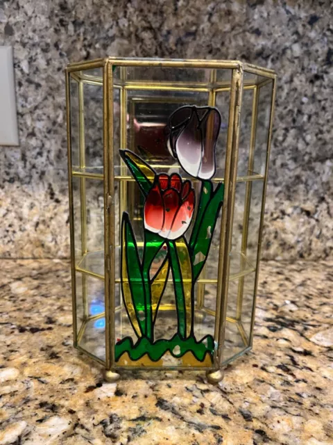 Vintage Brass Glass Display Case with flowers on the front  8" tall