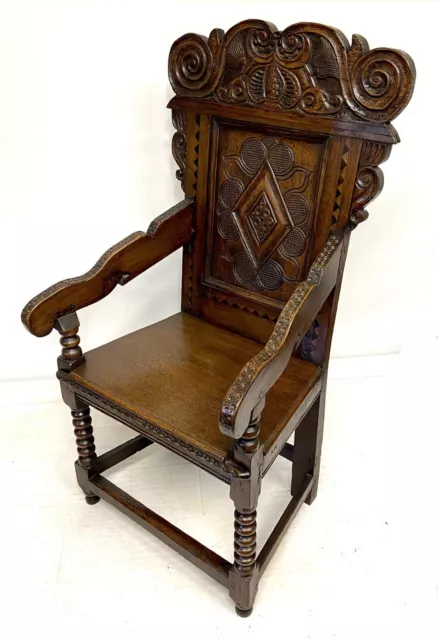 ANTIQUE Oak Carved & Inlaid WAINSCOT Chair Armchair Manner of  17th Century 2