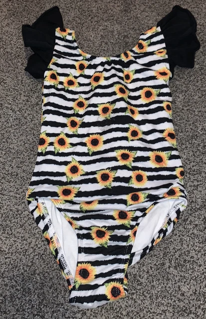 ISP Dance wear Girls Black White Striped Sunflower Print Leotard Leo Medium