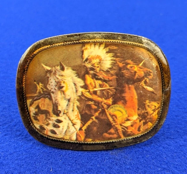 Vintage Native American South West Belt Buckle Photo Image Horses Rider  #E3