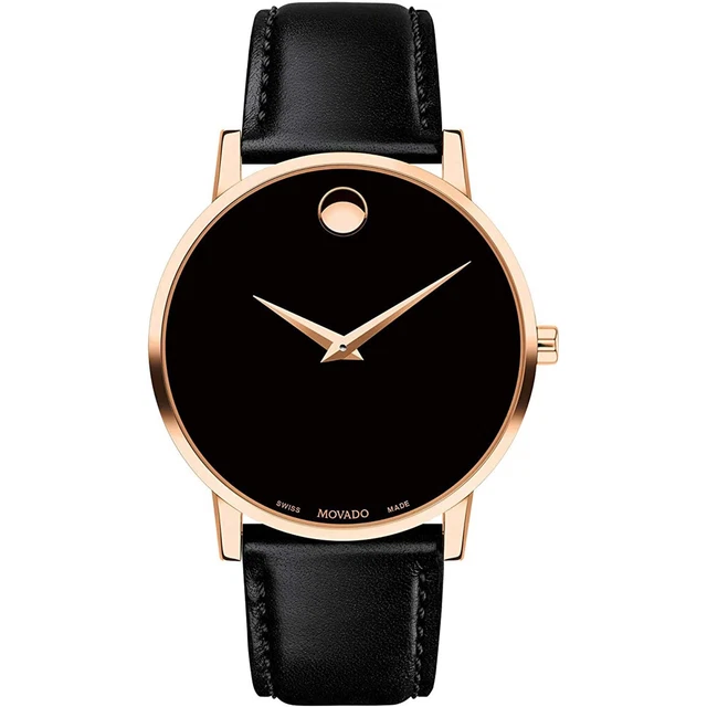 Movado Men's Watch Museum Classic Quartz Rose Gold Case Black Strap 0607315
