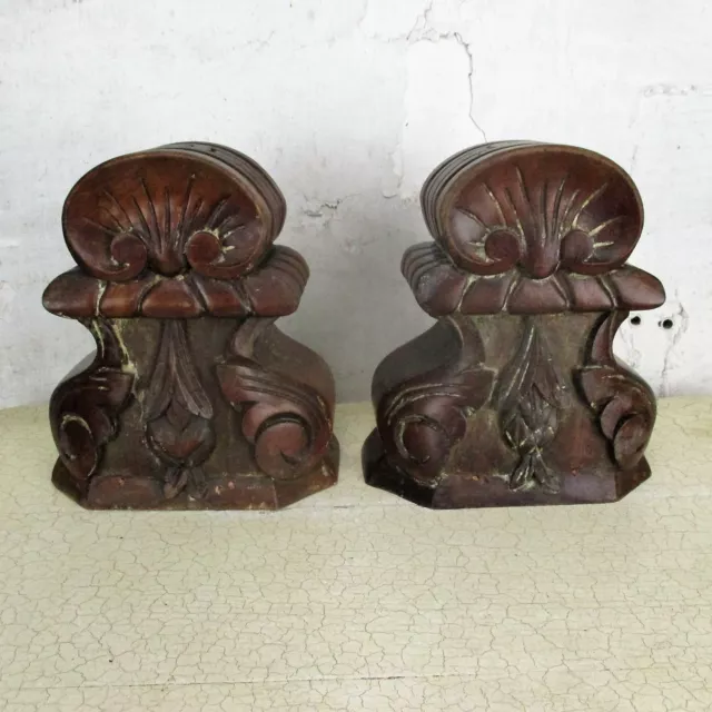 Pair Antique Hand Carved Wood Reclaimed Corbels Architectural Staircase Finial