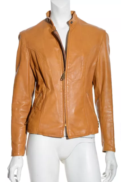 Womens Vtg 60s 70s Brooks Caramel Tan Mod Leather Motorcycle Jacket Cafe Racer S 2