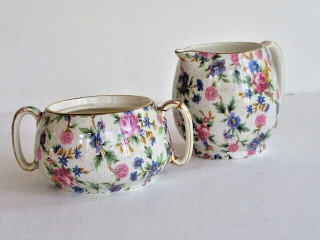 Royal Winton Grimwades Old Cottage Chintz (Pre 1960) Globe Creamer & Open Sugar