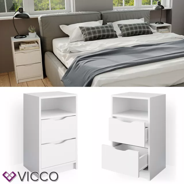 Table de nuit Vicco Ruben blanche, table de chevet, 2 tiroirs, pour lit