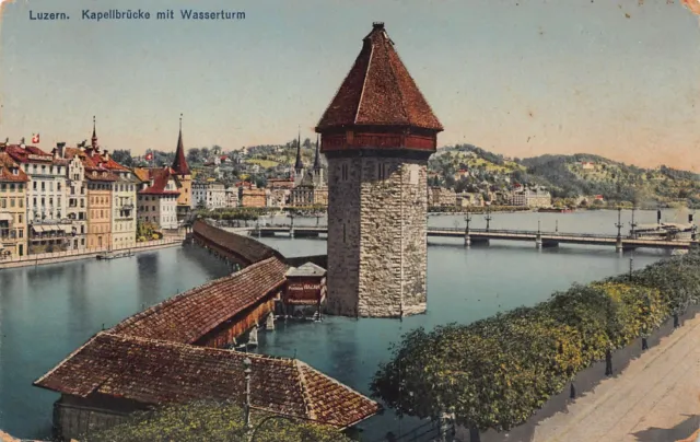 Lucerne Switzerland Kapellbrucke Chapel Bridge Water Tower 1920s Vtg Postcard U1