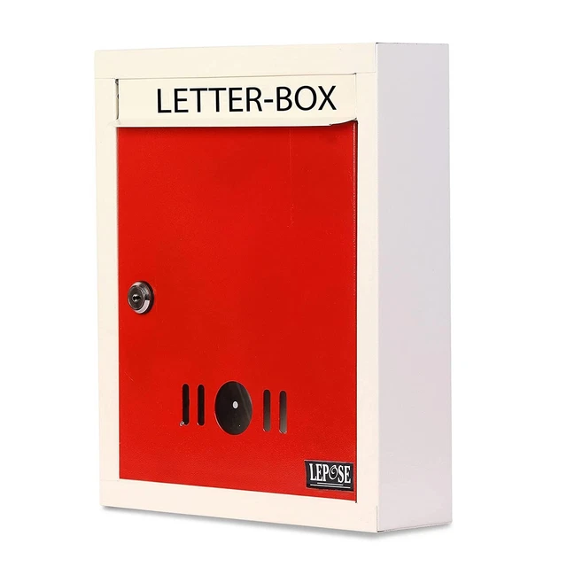 Métal Support Mural Lettre Courrier Boite Étagère avec Clé Serrure - Rouge