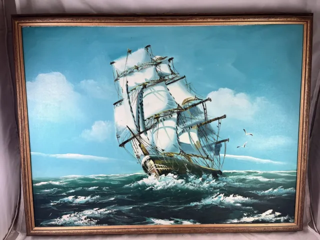 Clipper Ship at Sea Oil Painting Maritime Nautical Art Framed 26 x 20 Vintage