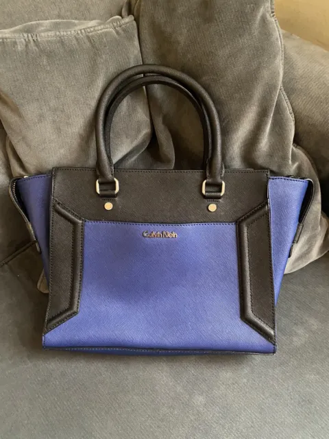 Calvin Klein Cobalt Blue/black Block Saffiano Leather Tote Handbag